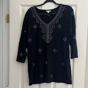 Black Embroidered V-Neck Women’s Top